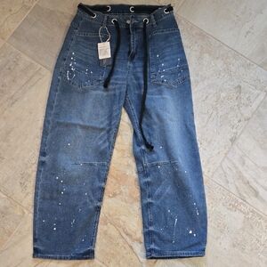 Barrel Jeans Boyfriend Blue with White Paint Splatter 25 26 27 Small Belt